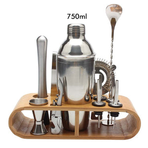 IYouNice 12 pcs Cocktail Shaker Set Jigger Mixing Spoon Tong Barware Bartender Tools w/Wood Storage Stand Bars Mixed Drinks