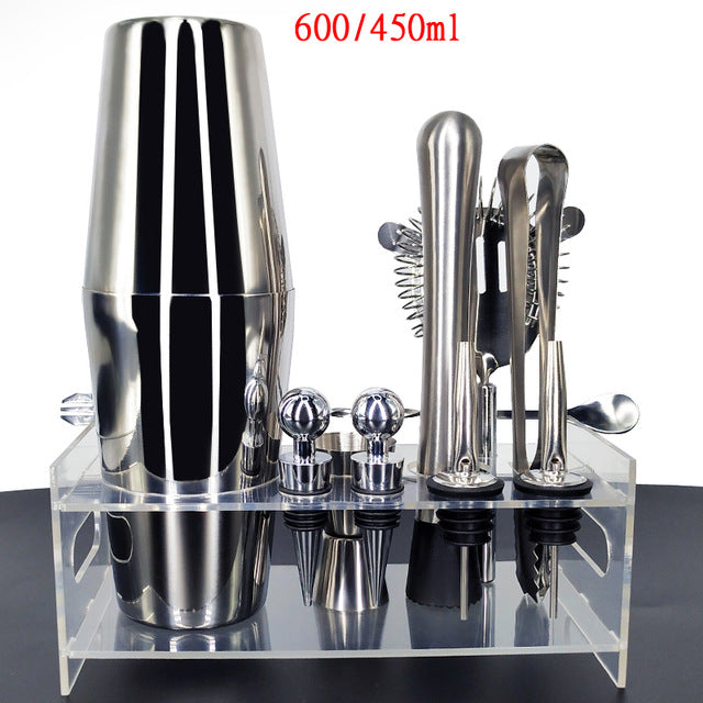 750ml/600ml Stainless Bar Cocktail Shaker Set Barware Set Shaker Set with Wooden Rack