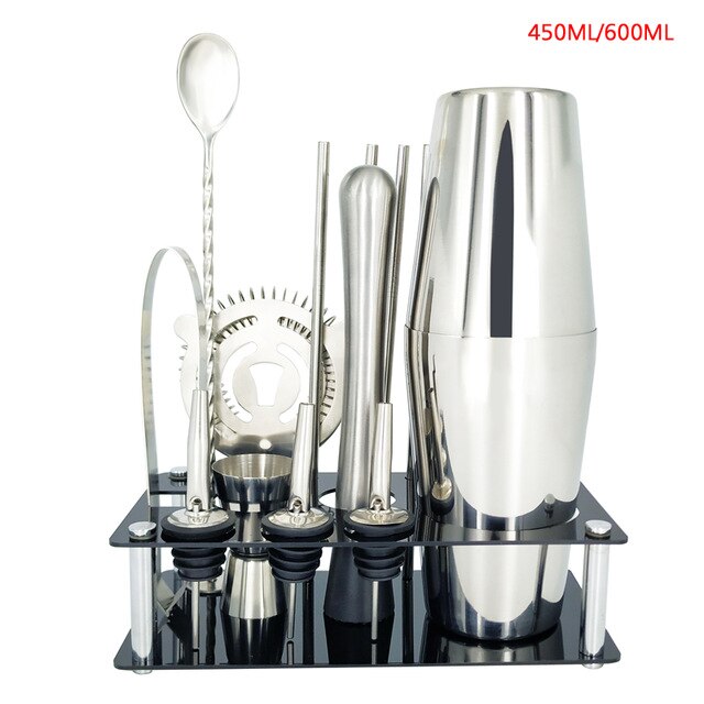 750ml/600ml Stainless Bar Cocktail Shaker Set Barware Set Shaker Set with Wooden Rack