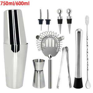 750ml/600ml Stainless Bar Cocktail Shaker Set Barware Set Shaker Set with Wooden Rack