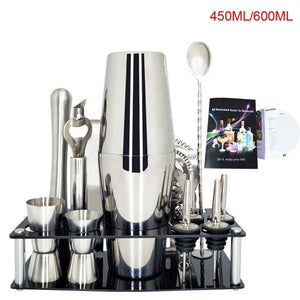 750ml/600ml Stainless Bar Cocktail Shaker Set Barware Set Shaker Set with Wooden Rack