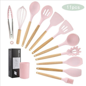 11pcs  Silicone Cooking Utensils Set ,Pink Solid Wood Handle With Storage Box, Kitchenware Kit Kitchen Tools Accessories