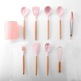 11pcs  Silicone Cooking Utensils Set ,Pink Solid Wood Handle With Storage Box, Kitchenware Kit Kitchen Tools Accessories