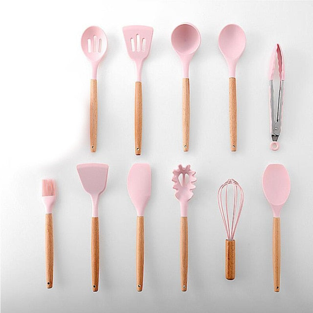 11pcs  Silicone Cooking Utensils Set ,Pink Solid Wood Handle With Storage Box, Kitchenware Kit Kitchen Tools Accessories