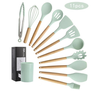 11pcs  Silicone Cooking Utensils Set ,Pink Solid Wood Handle With Storage Box, Kitchenware Kit Kitchen Tools Accessories