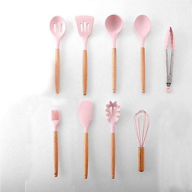 11pcs  Silicone Cooking Utensils Set ,Pink Solid Wood Handle With Storage Box, Kitchenware Kit Kitchen Tools Accessories