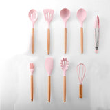 11pcs  Silicone Cooking Utensils Set ,Pink Solid Wood Handle With Storage Box, Kitchenware Kit Kitchen Tools Accessories