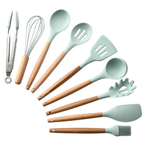 11pcs  Silicone Cooking Utensils Set ,Pink Solid Wood Handle With Storage Box, Kitchenware Kit Kitchen Tools Accessories