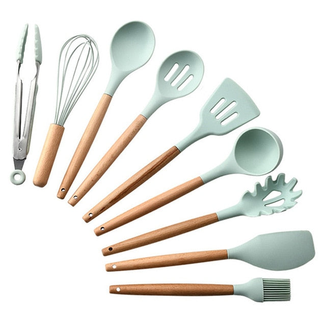 11pcs  Silicone Cooking Utensils Set ,Pink Solid Wood Handle With Storage Box, Kitchenware Kit Kitchen Tools Accessories