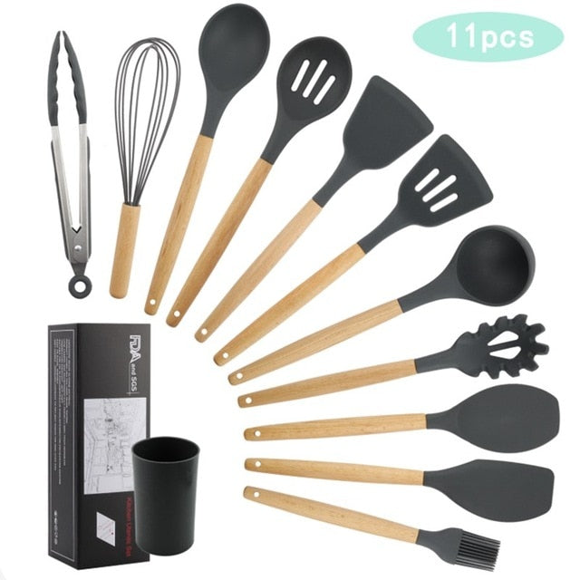 11pcs  Silicone Cooking Utensils Set ,Pink Solid Wood Handle With Storage Box, Kitchenware Kit Kitchen Tools Accessories