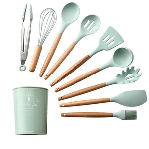 11pcs  Silicone Cooking Utensils Set ,Pink Solid Wood Handle With Storage Box, Kitchenware Kit Kitchen Tools Accessories