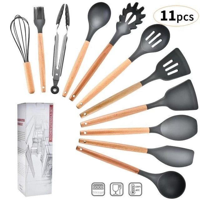 11pcs  Silicone Cooking Utensils Set ,Pink Solid Wood Handle With Storage Box, Kitchenware Kit Kitchen Tools Accessories