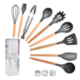 11pcs  Silicone Cooking Utensils Set ,Pink Solid Wood Handle With Storage Box, Kitchenware Kit Kitchen Tools Accessories