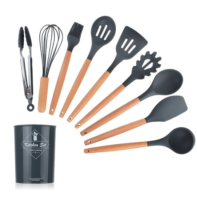 11pcs  Silicone Cooking Utensils Set ,Pink Solid Wood Handle With Storage Box, Kitchenware Kit Kitchen Tools Accessories