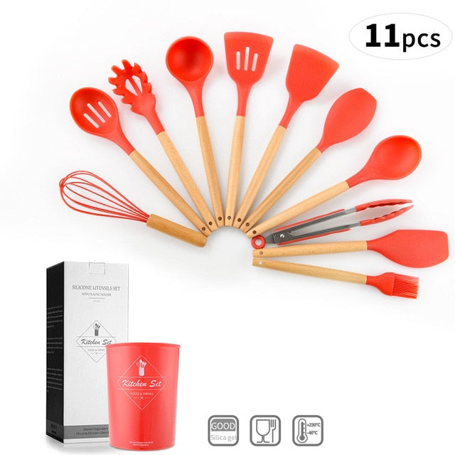 11pcs  Silicone Cooking Utensils Set ,Pink Solid Wood Handle With Storage Box, Kitchenware Kit Kitchen Tools Accessories